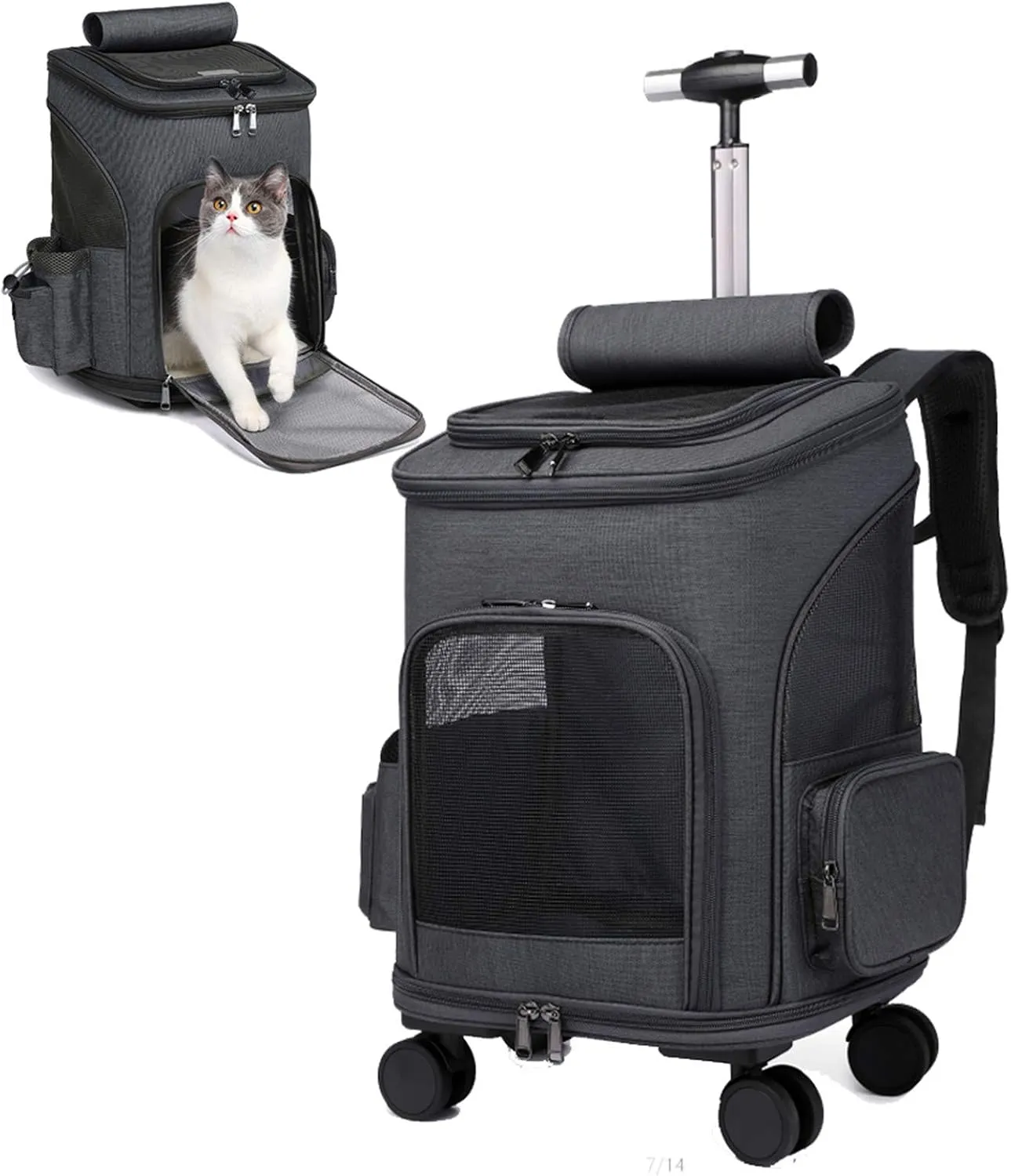 Wheeled Pet Carrier Backpack Pet Stroller, Travel Carrier, Car Seat for Small Dogs Cats Puppies, Comfort Cat Backpack Removable Rolling Wheels – Mesh Ventilation Windows (Black)