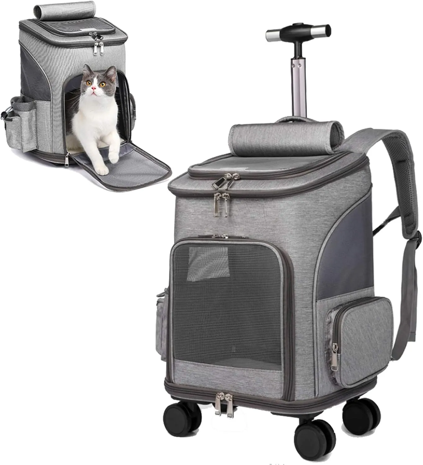 Wheeled Pet Carrier Backpack Pet Stroller, Travel Carrier, Car Seat for Small Dogs Cats Puppies, Comfort Cat Backpack Removable Rolling Wheels – Mesh Ventilation Windows (Grey)