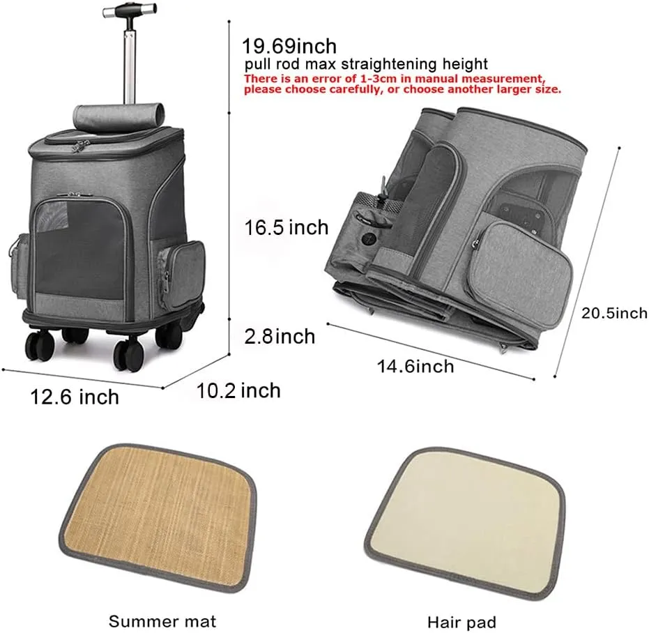 Wheeled Pet Carrier Backpack Pet Stroller, Travel Carrier, Car Seat for Small Dogs Cats Puppies, Comfort Cat Backpack Removable Rolling Wheels – Mesh Ventilation Windows (Grey)
