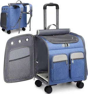 Wheeled Pet Carrier Backpack Pet Stroller, Travel Carrier, Car Seat for Small Dogs Cats Puppies, Comfort Cat Backpack Removable Rolling Wheels – Mesh Ventilation Windows (Large Blue)