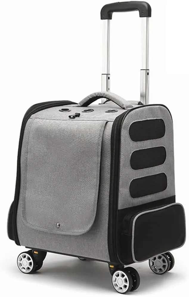Wheeled Pet Travel Bag, Cat/Dog Backpack Harness Breathable Pet Travel Backpack Foldable Pet Travel Trolley Dog Transport Crate Cat Crate Bag Bag with Pockets (Gray