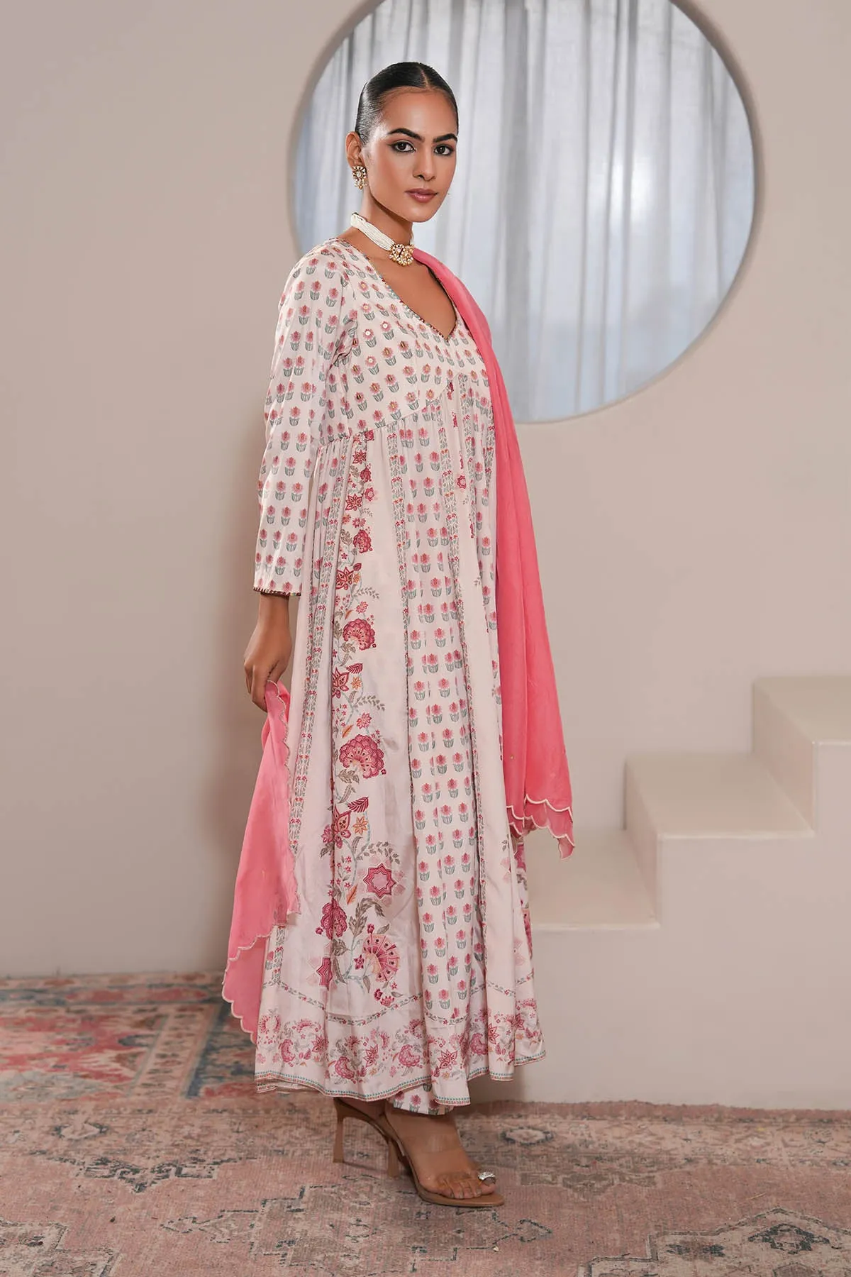 White Printed Anarkali & Pants