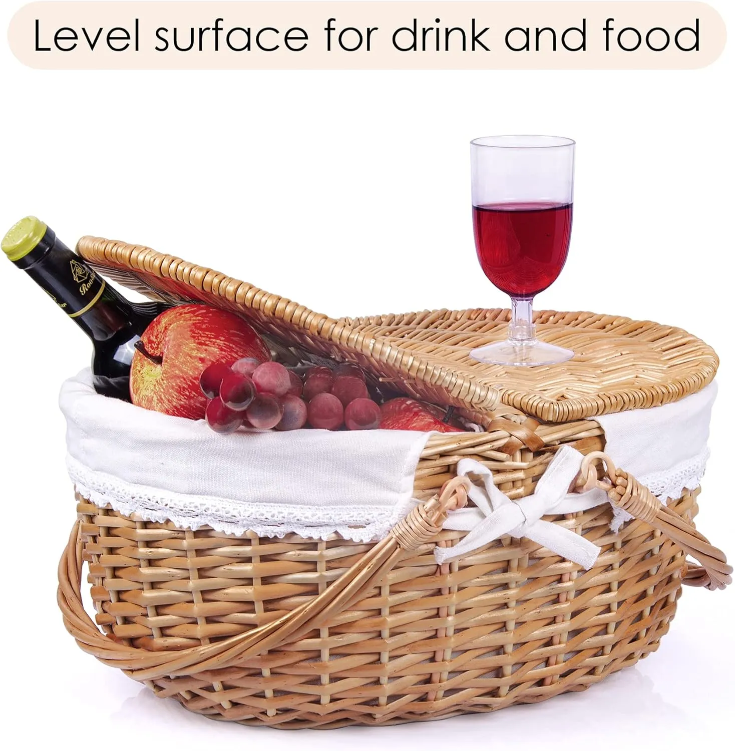 Wicker Picnic Basket with Lid and Handle Sturdy Woven Body with Washable Lining for Easter,Mother's Day,Outdoor Camping