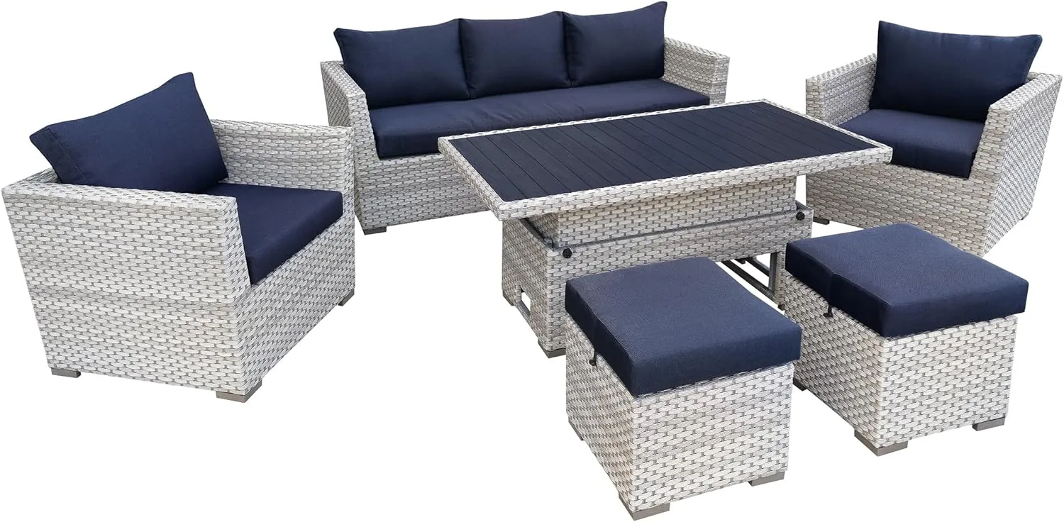 Wicker Sofa with Ottoman and Table Set - 7-Seat Patio Furniture Sets with 7 Cushions and 4 Pillows - All-Weather Wicker Conversation Sofa Set for Outdoor Backyard Porch Garden Poolside Use