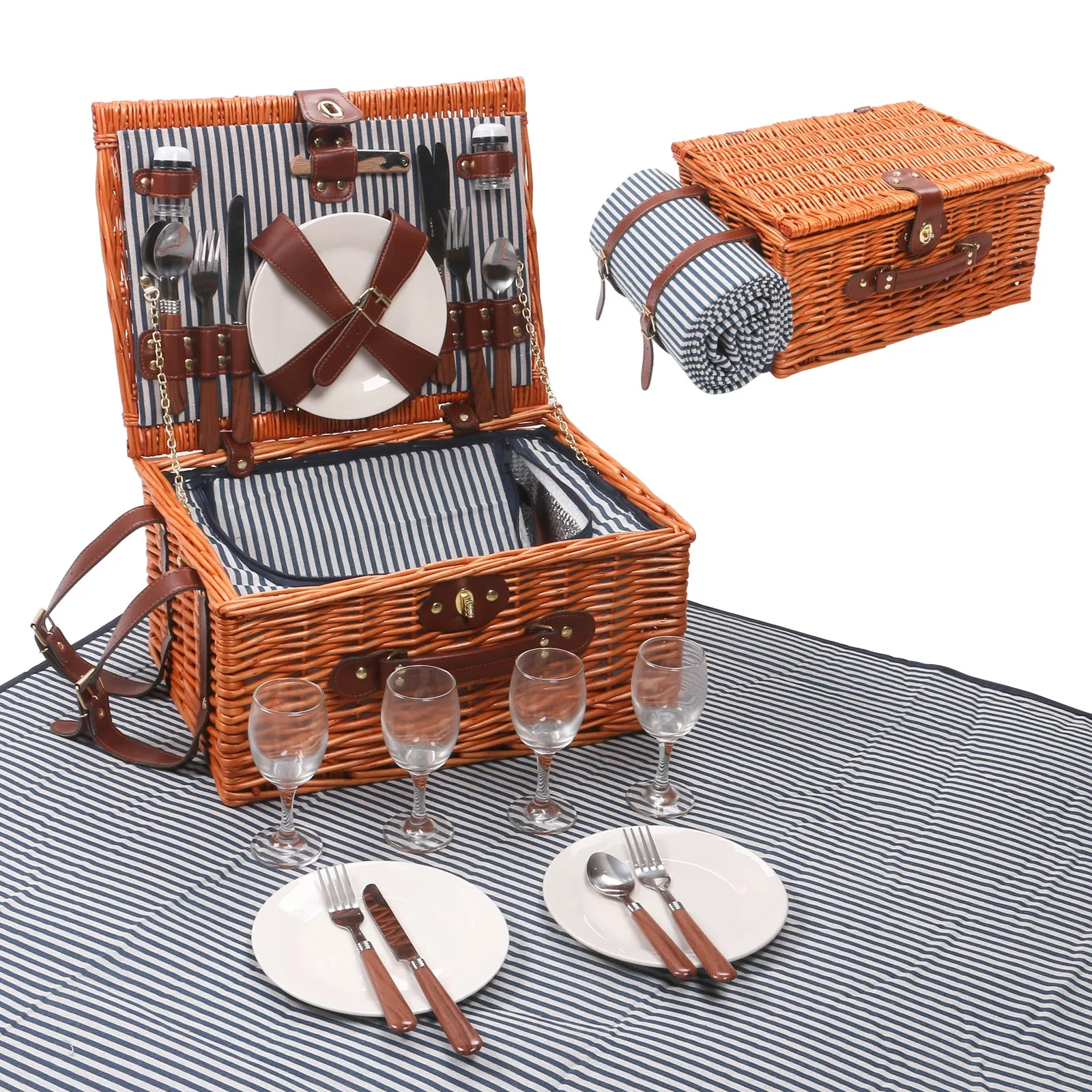 Willow Picnic Basket for 4 Persons with Insulated Compartment, Picnic Basket Sets with Utensils Cutlery Perfect for Valentine Day Wedding, Wicker Hamper for Outdoor Patio Lawn Garden Picnic & Camping