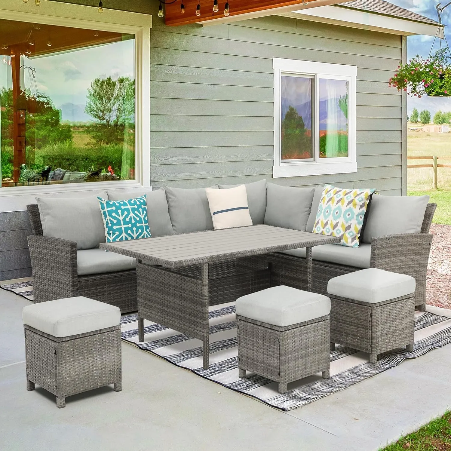 Wisteria Lane Patio Furniture Set, 7 Piece High Curved Back Outdoor Dining Sectional Sofa with Dining Table and Chair, All Weather Wicker Conversation Set with Ottoman, Grey