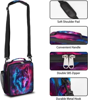 Wolf Lunch Box for Kids, Ethnic Wolf Space Galaxy Lunch Bag for Boys Girls, Reusable Insulated Waterproof Lunch Box with Adjustable Shoulder Strap Thermal Cooler Tote Bag for School Daycare Picnic