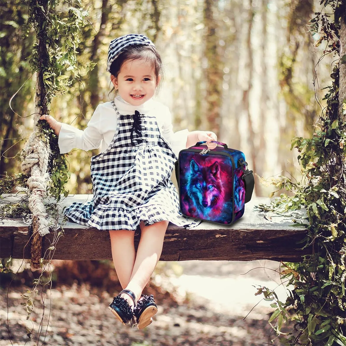 Wolf Lunch Box for Kids, Ethnic Wolf Space Galaxy Lunch Bag for Boys Girls, Reusable Insulated Waterproof Lunch Box with Adjustable Shoulder Strap Thermal Cooler Tote Bag for School Daycare Picnic