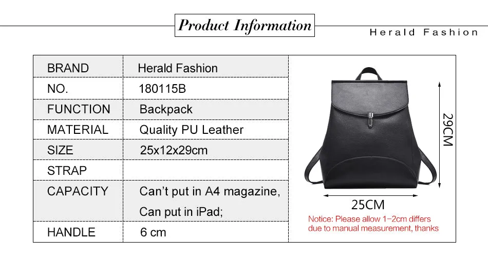 Women Backpack Quality Leather Backpack Casual Solid School Bag
