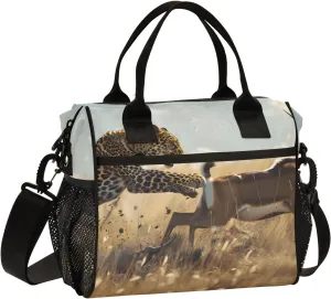 Women Cooler Bags Lunch Bag Reusable Insulated Lunch Bags Cheetah Preys on Antelope Crossbody with Shoulder Strap Adults S