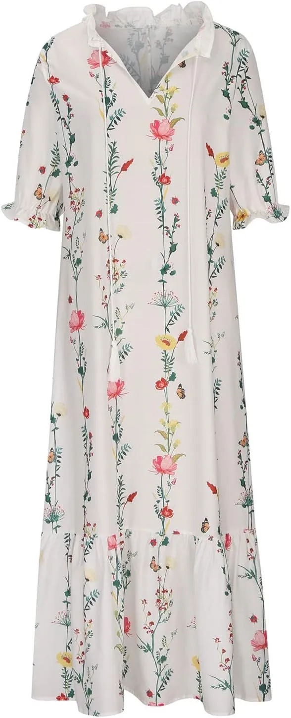 Women Elbow Sleeve V Neck Maxi Dress Fashion Grahpic Design Long Dresses Vintage A Line Casual Sundress