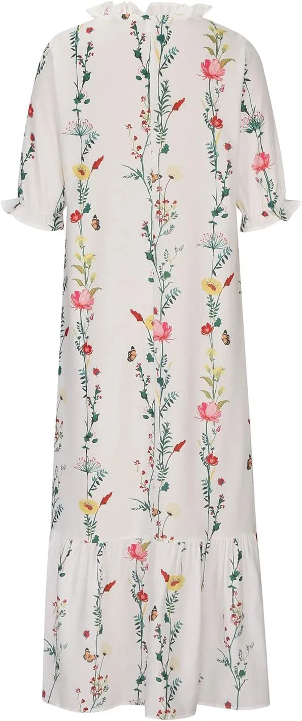 Women Elbow Sleeve V Neck Maxi Dress Fashion Grahpic Design Long Dresses Vintage A Line Casual Sundress
