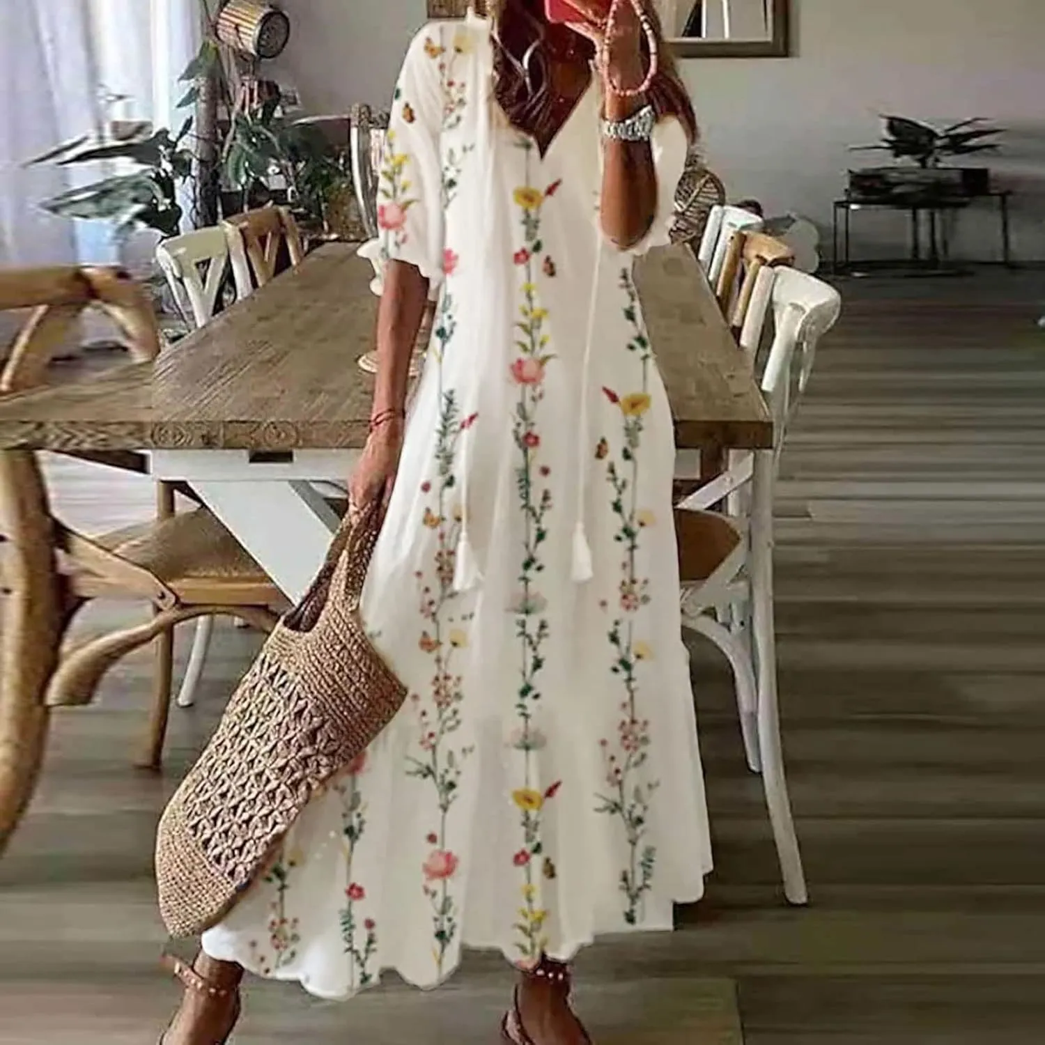 Women Elbow Sleeve V Neck Maxi Dress Fashion Grahpic Design Long Dresses Vintage A Line Casual Sundress