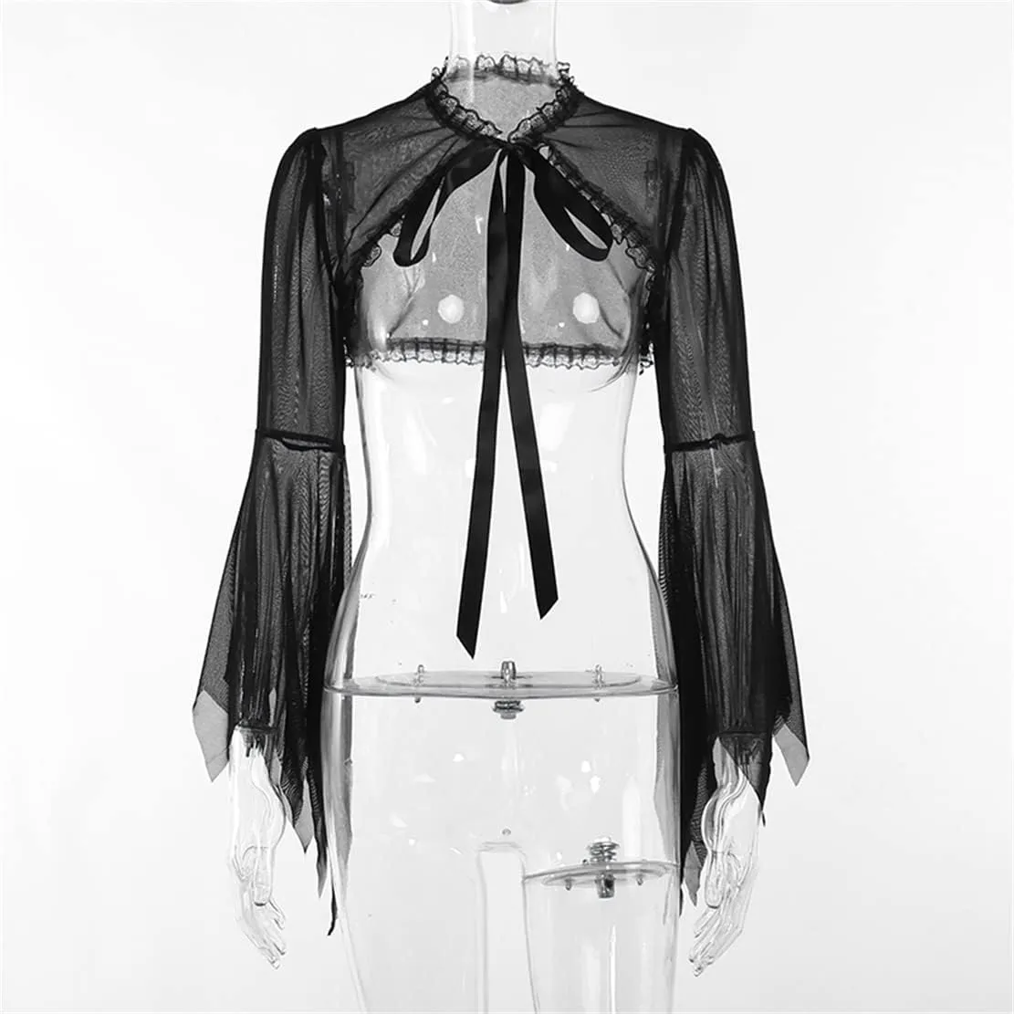 Women Goth Tops Punk Cover Ups Mesh Crop Top See Through Sexy Long Sleeve Blouse Y2k Black Rave Outfit Festival