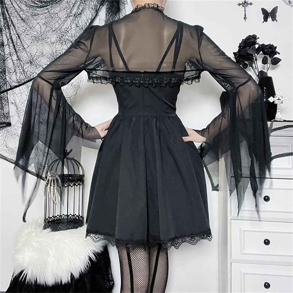 Women Goth Tops Punk Cover Ups Mesh Crop Top See Through Sexy Long Sleeve Blouse Y2k Black Rave Outfit Festival