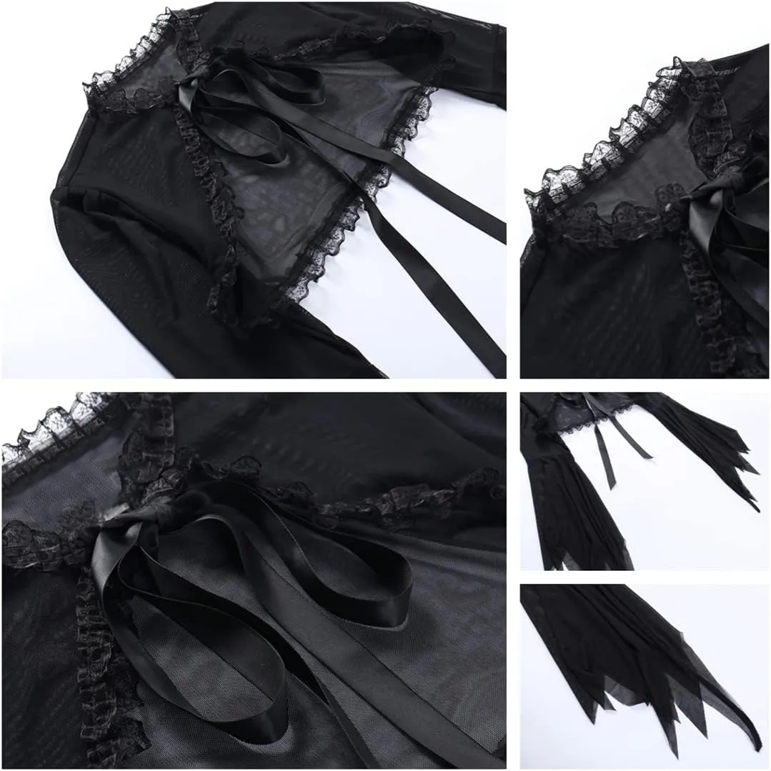 Women Goth Tops Punk Cover Ups Mesh Crop Top See Through Sexy Long Sleeve Blouse Y2k Black Rave Outfit Festival