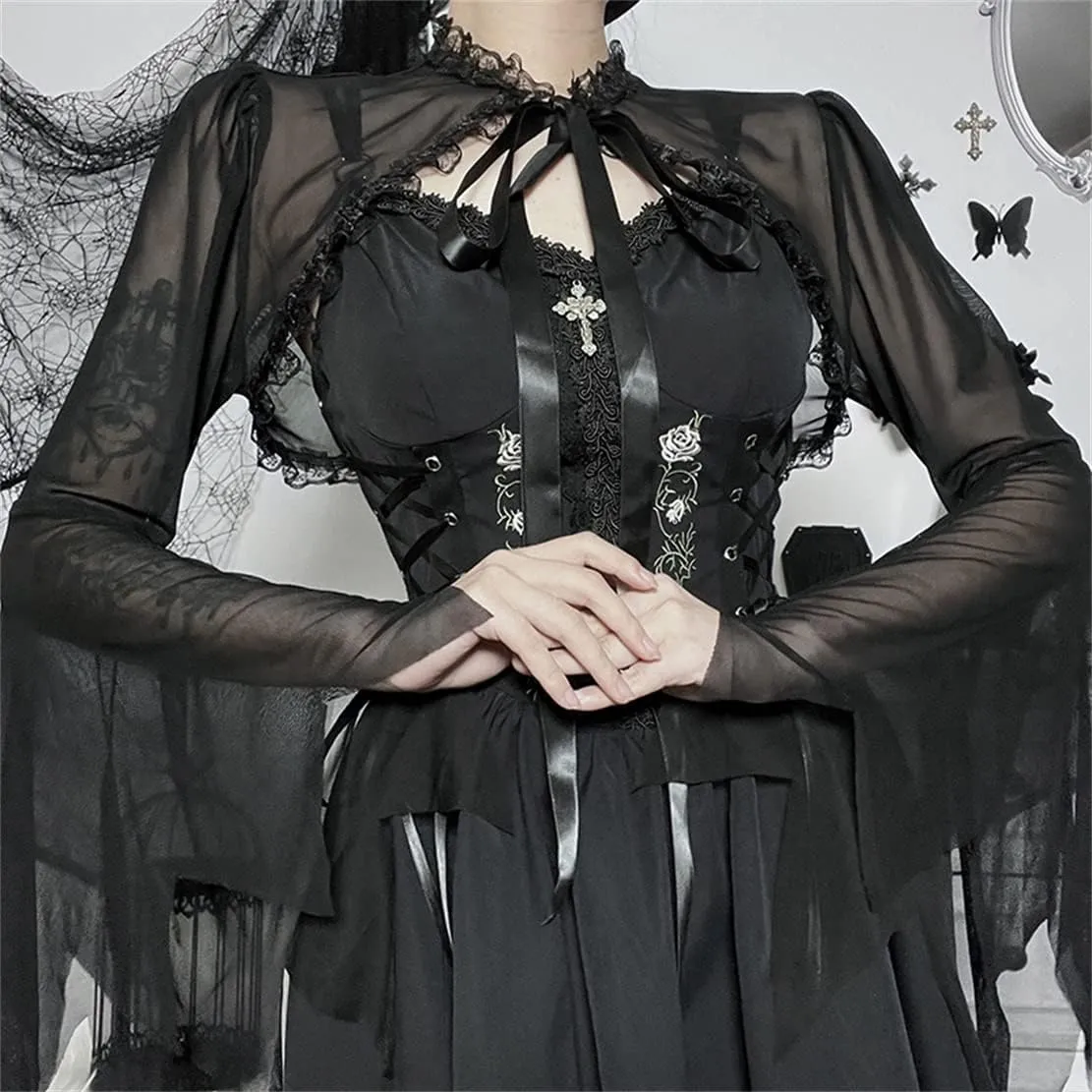 Women Goth Tops Punk Cover Ups Mesh Crop Top See Through Sexy Long Sleeve Blouse Y2k Black Rave Outfit Festival