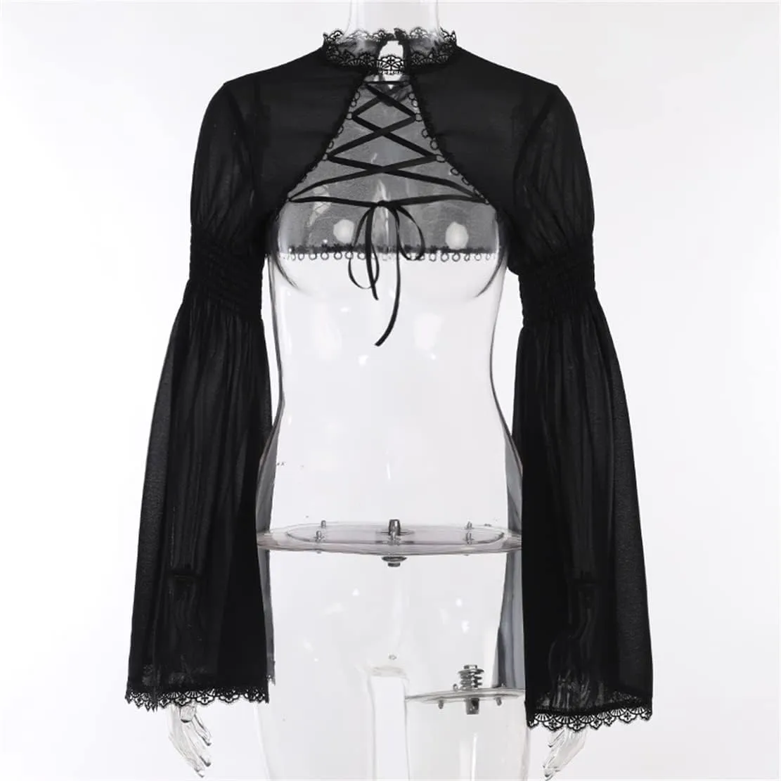 Women Goth Tops Punk Cover Ups Mesh Crop Top See Through Sexy Long Sleeve Blouse Y2k Black Rave Outfit Festival
