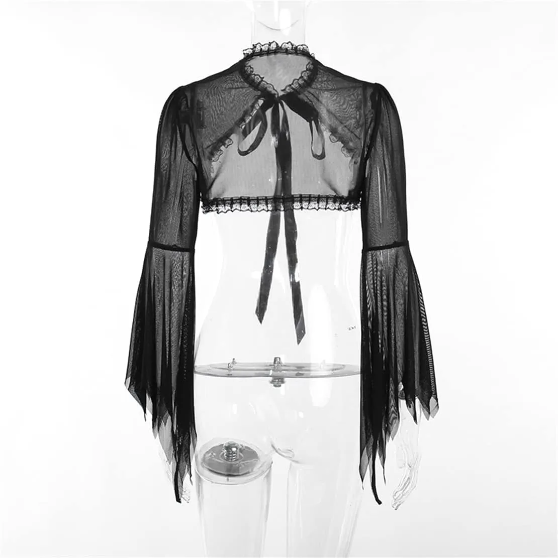 Women Goth Tops Punk Cover Ups Mesh Crop Top See Through Sexy Long Sleeve Blouse Y2k Black Rave Outfit Festival