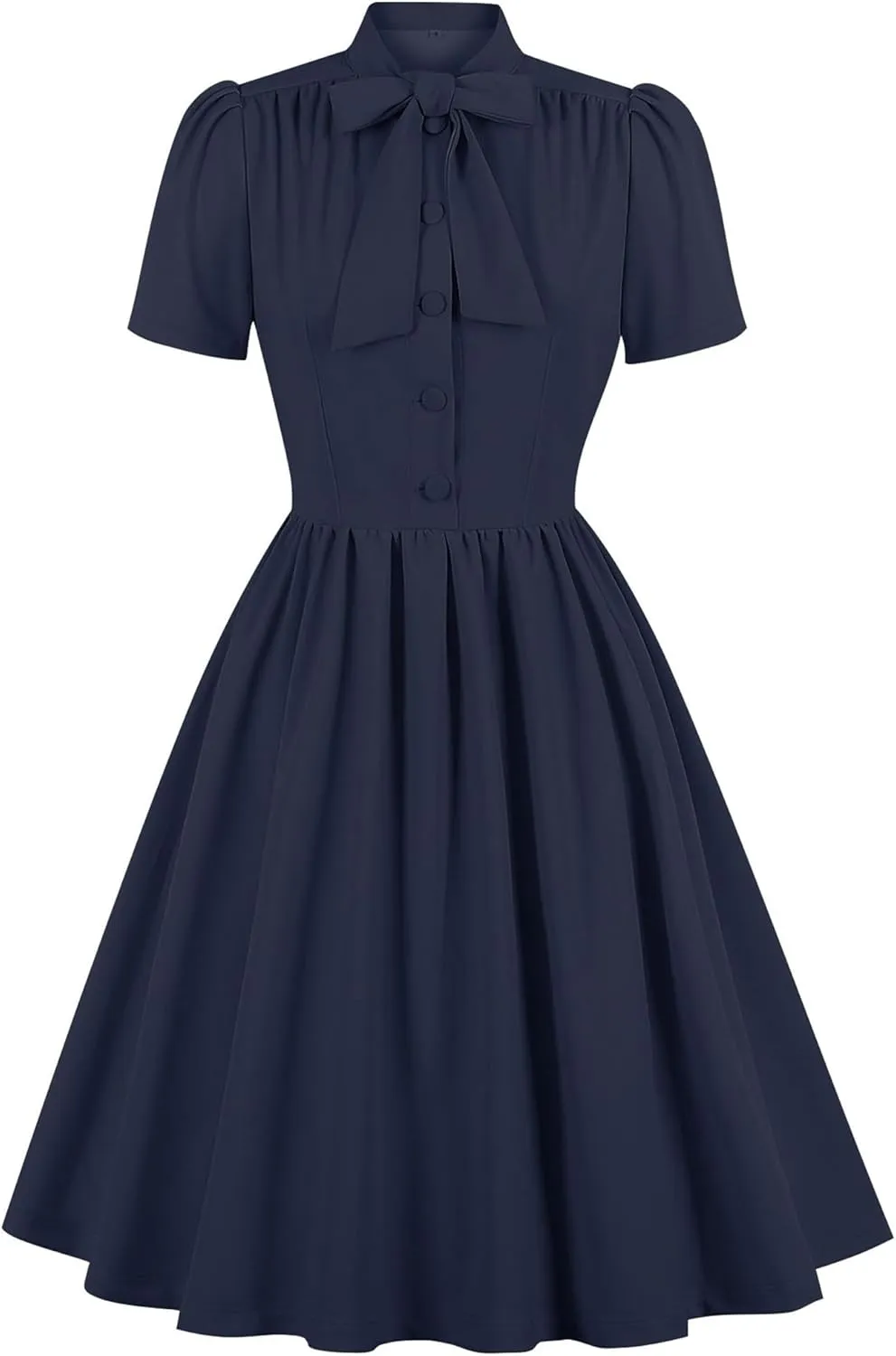 Women Short Sleeve 1950s Retro Vintage Cocktail Swing Dresses Buttons Bow Tie Neck 1940s 1960s Dress 50s Office Work Dress