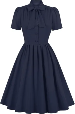 Women Short Sleeve 1950s Retro Vintage Cocktail Swing Dresses Buttons Bow Tie Neck 1940s 1960s Dress 50s Office Work Dress