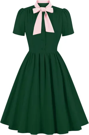 Women Short Sleeve 1950s Retro Vintage Cocktail Swing Dresses Buttons Bow Tie Neck 1940s 1960s Dress 50s Office Work Dress