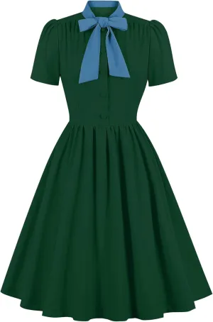 Women Short Sleeve 1950s Retro Vintage Cocktail Swing Dresses Buttons Bow Tie Neck 1940s 1960s Dress 50s Office Work Dress