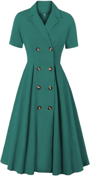 Women Short Sleeve Tie Neck Vintage Cocktail Party Dress Buttons Down 50s Flared A-Line Casual Office Work Prom Swing Dress