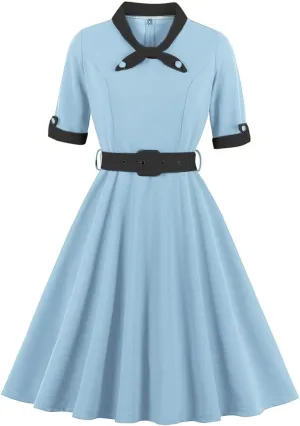 Women Short Sleeve Tie Neck Vintage Cocktail Party Dress Buttons Down 50s Flared A-Line Casual Office Work Prom Swing Dress