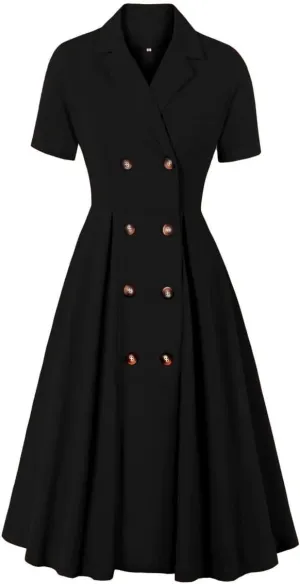 Women Short Sleeve Tie Neck Vintage Cocktail Party Dress Buttons Down 50s Flared A-Line Casual Office Work Prom Swing Dress