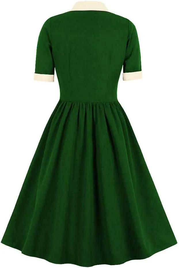 Women Short Sleeve Tie Neck Vintage Cocktail Party Dress Buttons Down 50s Flared A-Line Casual Office Work Prom Swing Dress