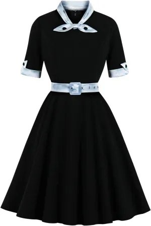 Women Short Sleeve Tie Neck Vintage Cocktail Party Dress Buttons Down 50s Flared A-Line Casual Office Work Prom Swing Dress