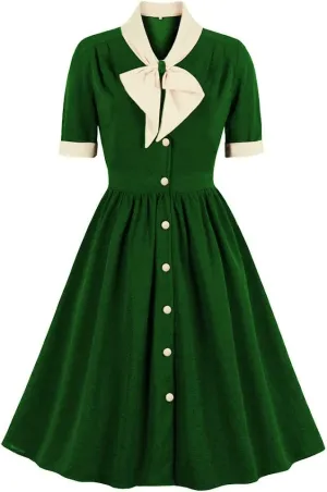 Women Short Sleeve Tie Neck Vintage Cocktail Party Dress Buttons Down 50s Flared A-Line Casual Office Work Prom Swing Dress