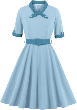 Women Short Sleeve Tie Neck Vintage Cocktail Party Dress Buttons Down 50s Flared A-Line Casual Office Work Prom Swing Dress