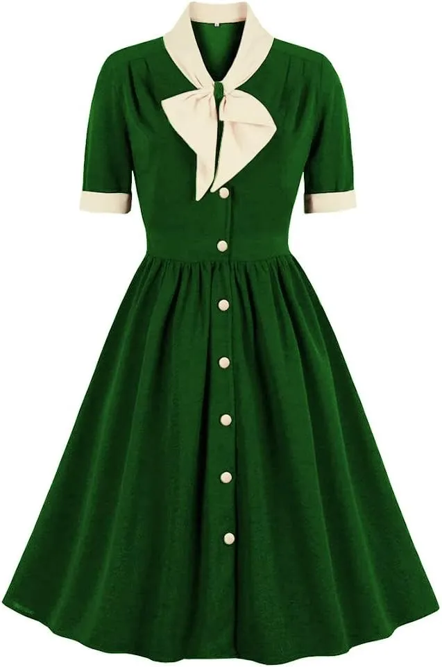 Women Short Sleeve Tie Neck Vintage Cocktail Party Dress Buttons Down 50s Flared A-Line Casual Office Work Prom Swing Dress