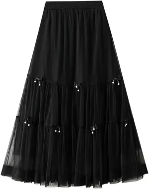 Women Summer Bow Tie Mesh Cake Skirt Korean Fashion Elegant High Waisted A Line Long Skirts