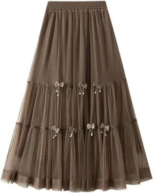 Women Summer Bow Tie Mesh Cake Skirt Korean Fashion Elegant High Waisted A Line Long Skirts