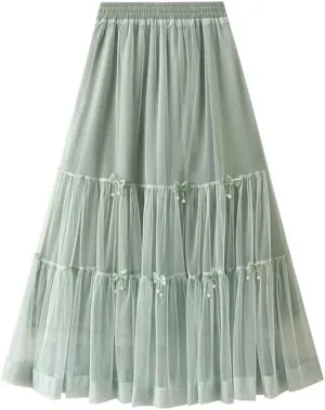 Women Summer Bow Tie Mesh Cake Skirt Korean Fashion Elegant High Waisted A Line Long Skirts