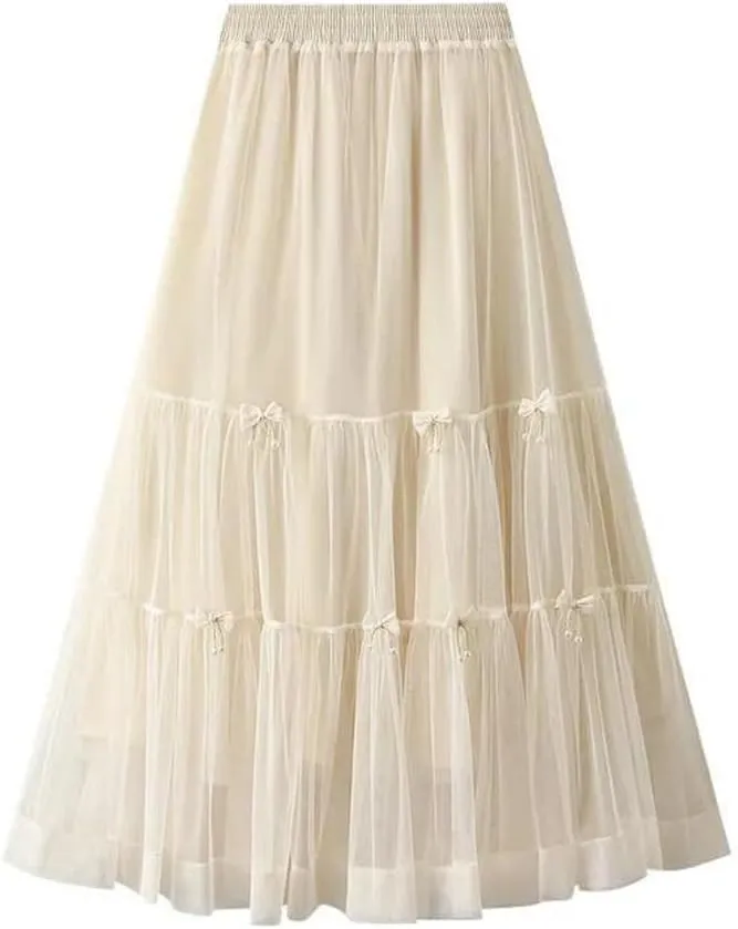Women Summer Bow Tie Mesh Cake Skirt Korean Fashion Elegant High Waisted A Line Long Skirts