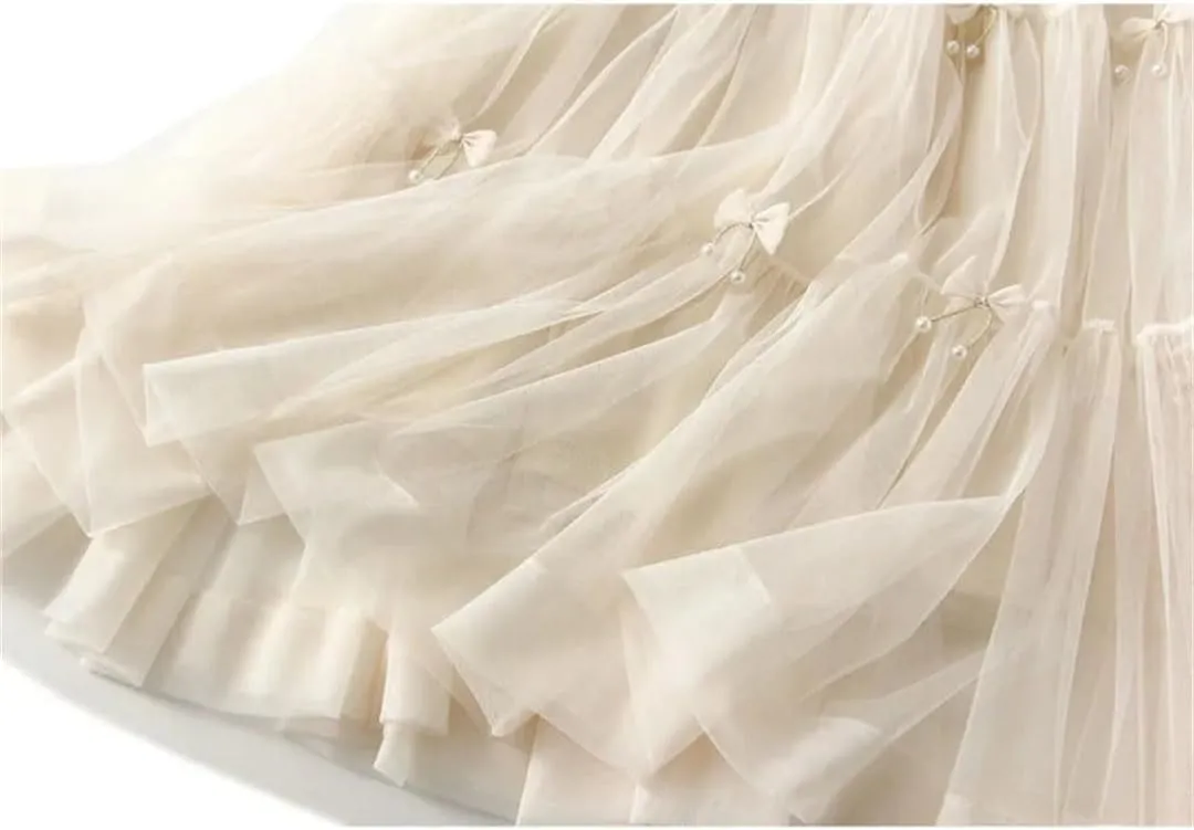 Women Summer Bow Tie Mesh Cake Skirt Korean Fashion Elegant High Waisted A Line Long Skirts