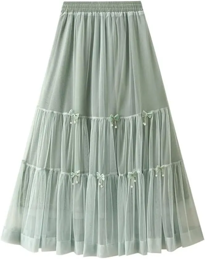 Women Summer Bow Tie Mesh Cake Skirt Korean Fashion Elegant High Waisted A Line Long Skirts