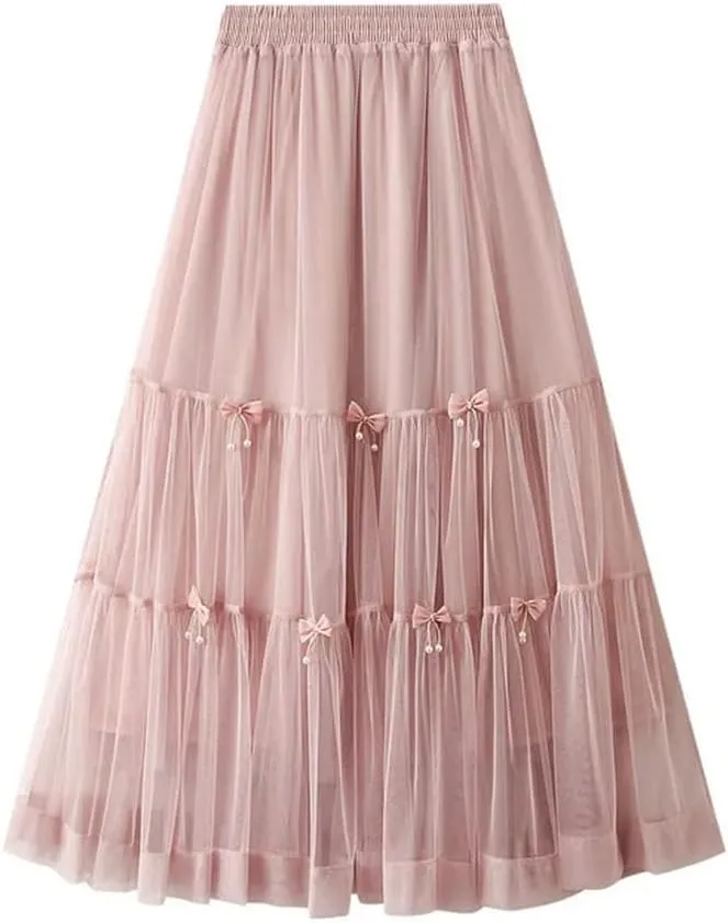 Women Summer Bow Tie Mesh Cake Skirt Korean Fashion Elegant High Waisted A Line Long Skirts