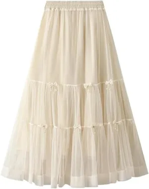 Women Summer Bow Tie Mesh Cake Skirt Korean Fashion Elegant High Waisted A Line Long Skirts