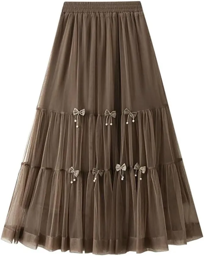 Women Summer Bow Tie Mesh Cake Skirt Korean Fashion Elegant High Waisted A Line Long Skirts