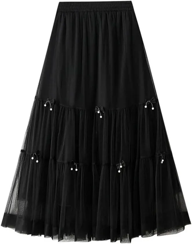 Women Summer Bow Tie Mesh Cake Skirt Korean Fashion Elegant High Waisted A Line Long Skirts