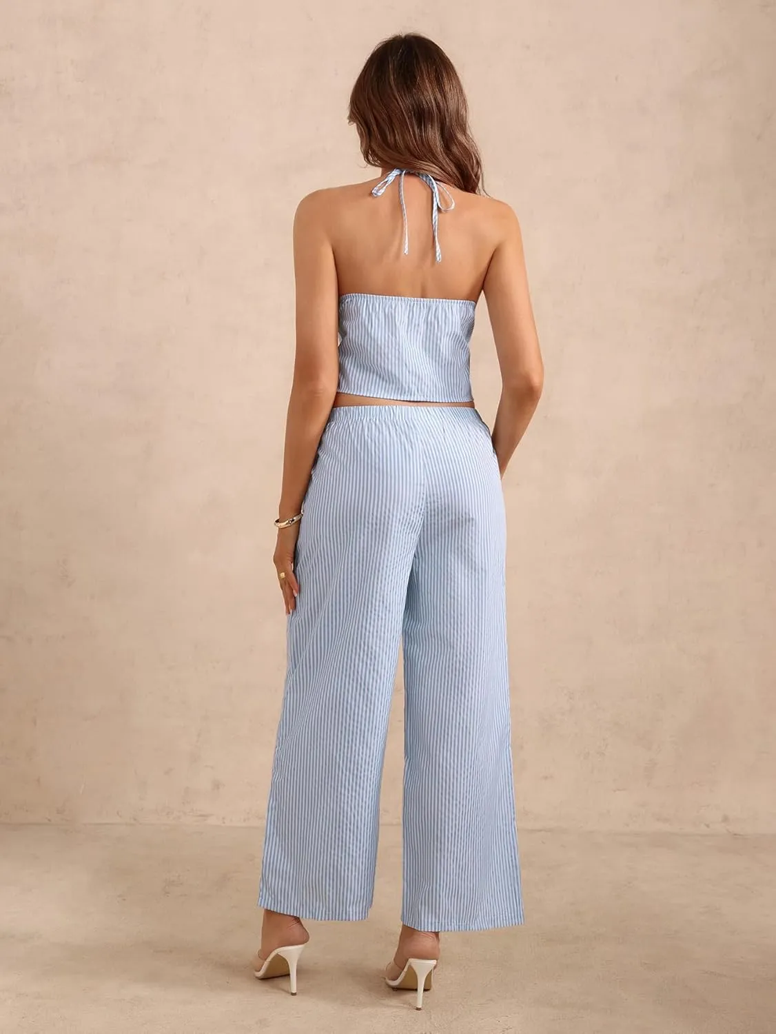 Women's 2 Piece Y2k Outfits Striped Tie Front Backless Halter Top and Wide Leg Pants Set