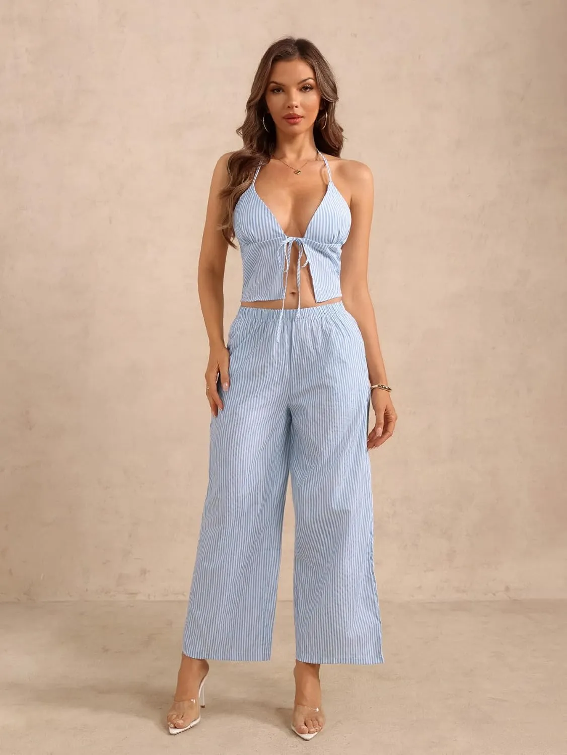 Women's 2 Piece Y2k Outfits Striped Tie Front Backless Halter Top and Wide Leg Pants Set