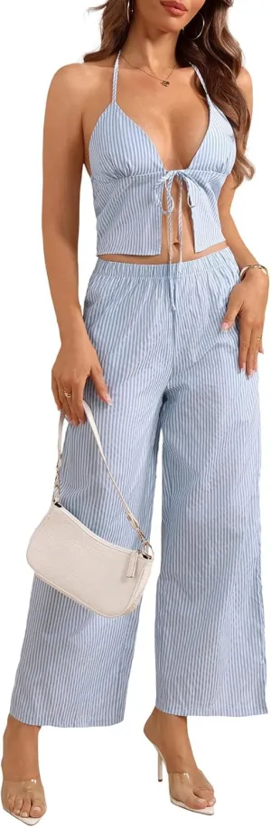 Women's 2 Piece Y2k Outfits Striped Tie Front Backless Halter Top and Wide Leg Pants Set