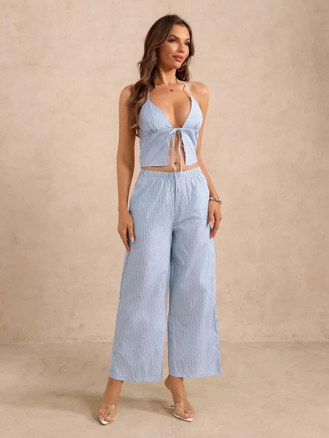 Women's 2 Piece Y2k Outfits Striped Tie Front Backless Halter Top and Wide Leg Pants Set