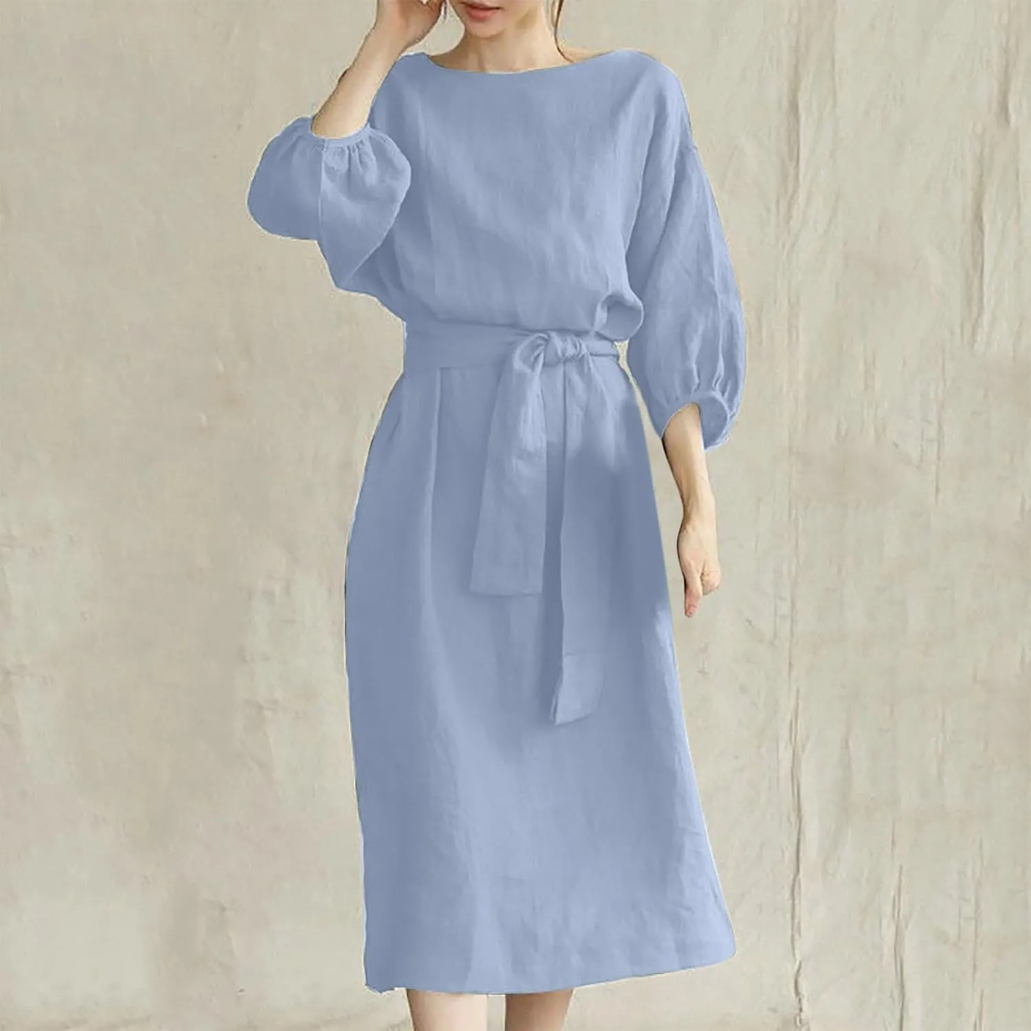 Women's 3/4 Length Sleeve Cotton Linen Summer Dresses Tie Front Sundress Loose Casual Lightweight Midi Dresse